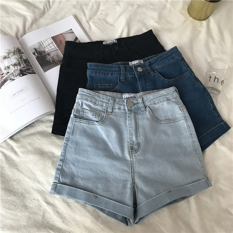 

Women's Casual Roll Up Distressed Denim Shorts Elastic Waist Stretchy Hemming Jeans Shorts Loose Button High Waisted Shorts