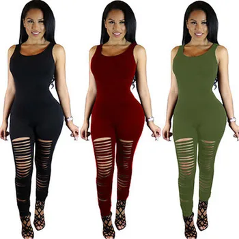 

Autumn Fashion New Women Clothing Jumpsuit Casual Sleeveless Bodycon Slim Skinny Destroyed Jumpsuit Club Solid