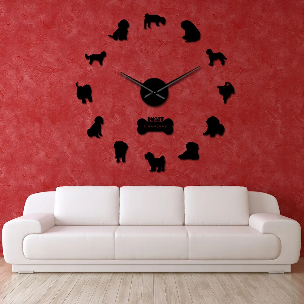 

Cava-Doodle Cavapoo Dog Breed Wall Clock Pet Shop Wall Decor Mirror Effect Dog Silhouette Postures Wall Watch Cavapoo Dog Gift