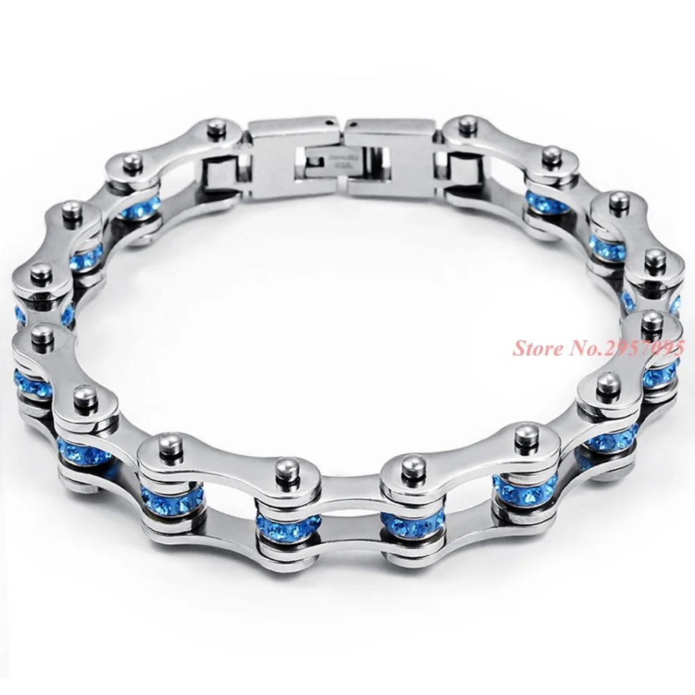 Punk Rock Biker Jewelry Stainless Steel Men's Blue Crystal Bracelets
