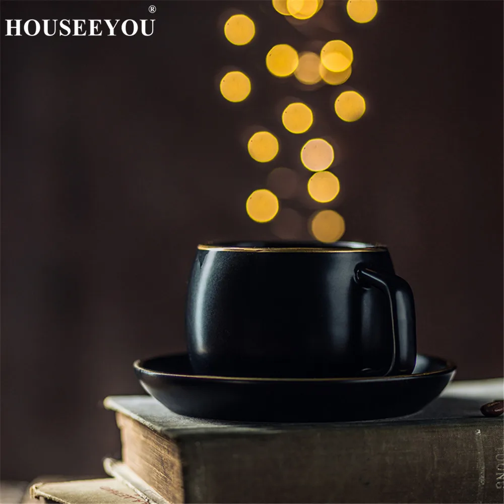 Керамическая кофейная чашка и блюдце, черный пигментированный фарфоровый чайный набор чашек с 304 ложкой из нержавеющей стали для домашнего ресторана и офиса