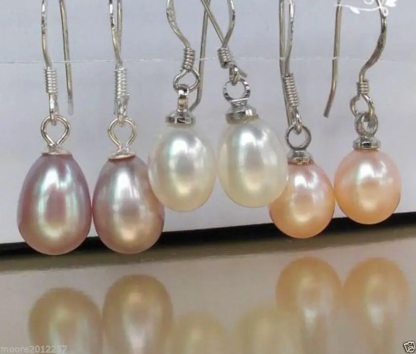 

Free shipping@@@@@ 3 Pair 7x9mm Teardrop Pink purple white Freshwater pearl 925Silver Hook Earring 6.10