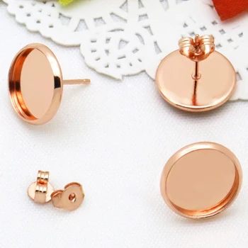 

10pcs/lot 8/10/12/14mm No Fade Women's Rose Gold Stud Earring + Earplug Blanks DIY Jewelry Bezel Base Setting Tray Cabochons