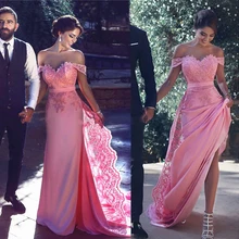 Очаровательное длинное розовое кружевное платье для выпускного вечера с открытыми плечами, с вырезом сбоку, кружевные вечерние платья с аппликацией, vestidos para formatura