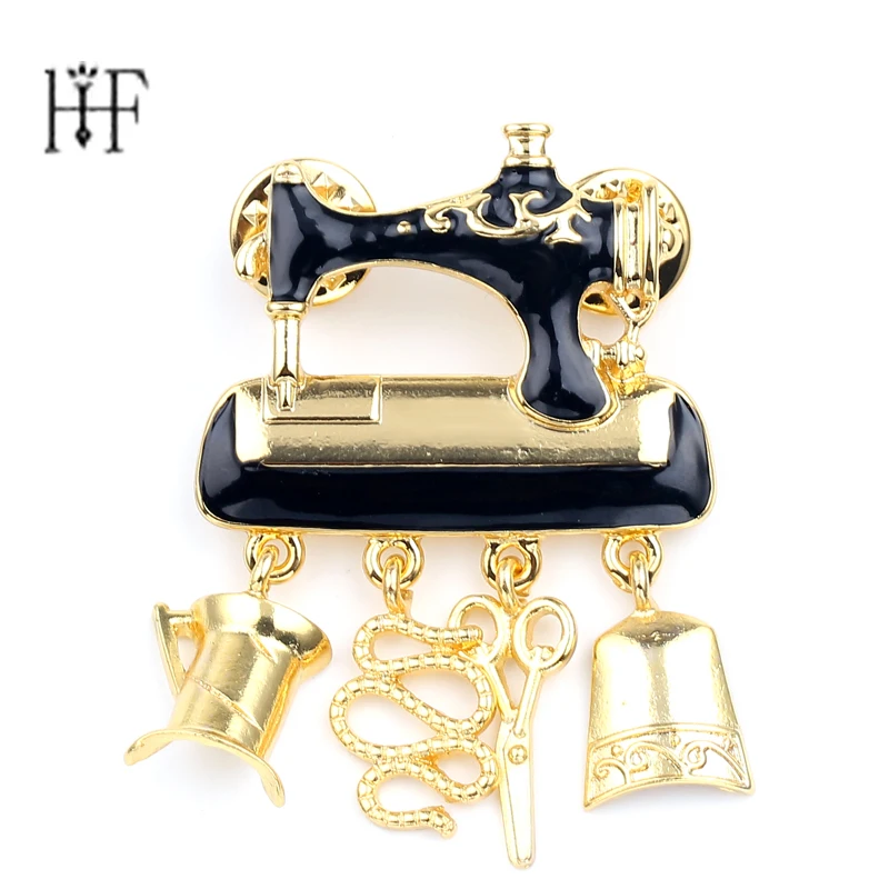 

Inspiration Source Life Sewing Machine Brooches for Women Fashion Jewelry Black Enamel lapel pin Women Gold Color Scissors Pins