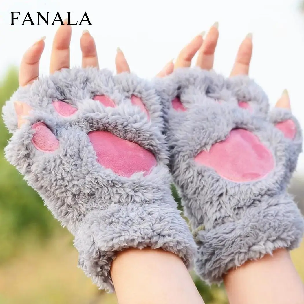 

Casual Autumn Cartoon with Claw Finger Soft Fingerless Gloves Winter Geometric Unisex Plush Cat String Wrist Gloves Half Warm
