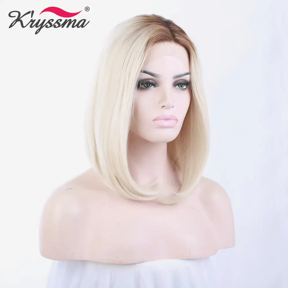 Bob Wig Blonde Synthetic Lace Front Wig Brown Roots Platinum