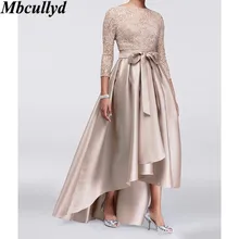 Mbcullyd размера плюс мать платья Кружева Аппликация блестками 3/4 длинный рукав атласный, высокий, низкий пояс мать невесты платье дешево