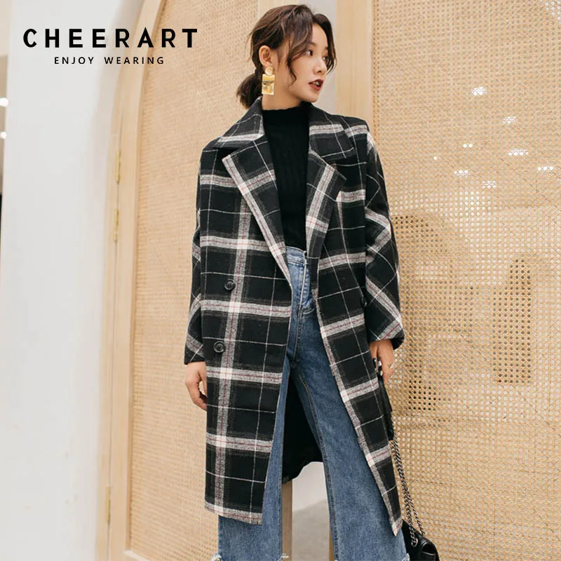 Cheerart Winter Long Wool Coat Women Plaid Coat Plus Size Tweed Big Lapel Coat Vintage Knee Length Woolen Outerwear Coat