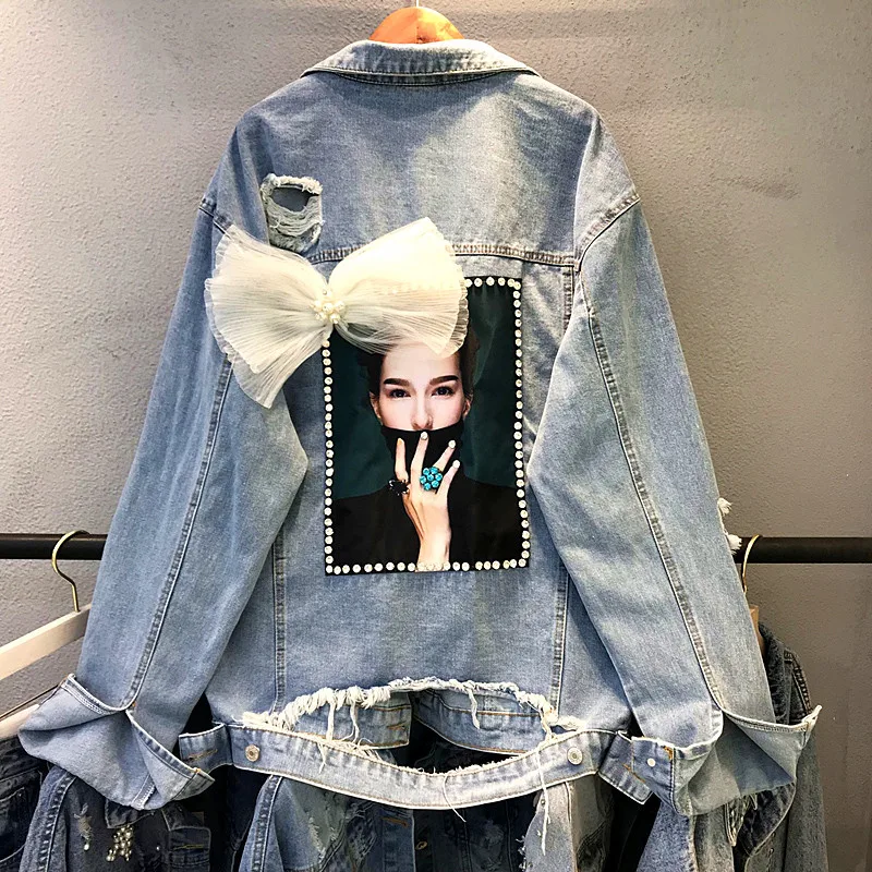

Spring Spliced Denim Jacket For Women Beading Jeans Coats Ladies Casual Long Sleeves Hole Bow Basics Outwear For Large Women