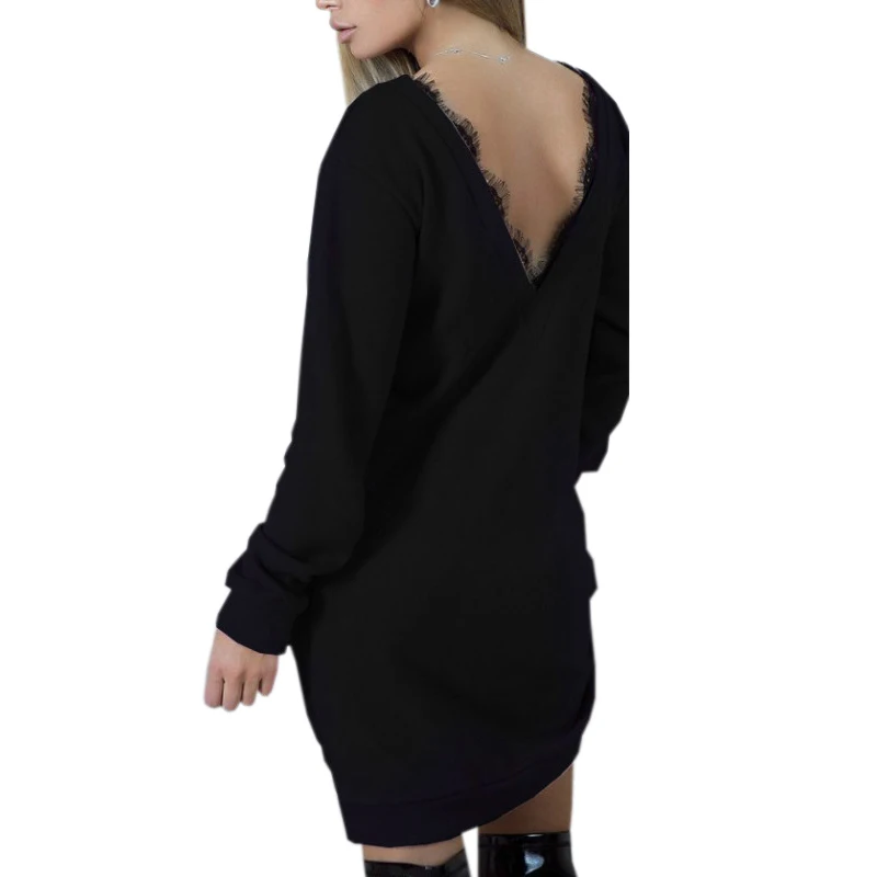 

Autumn Winter Dress Ladies Elegant Sexy Backless Lace Fashion Women Dresses Solid Long Sleeve Mini Dress Gv139