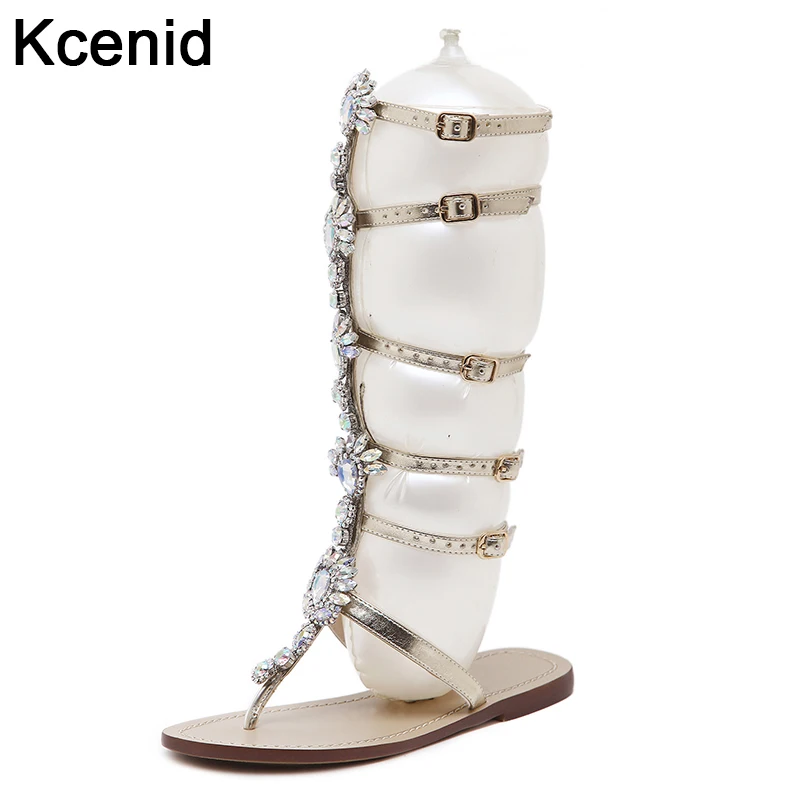 

Kcenid 2018 Summer new bohemia thong sandal shoes women fashion rhinestone ctystal knee high gladiator flat beach sandals gold