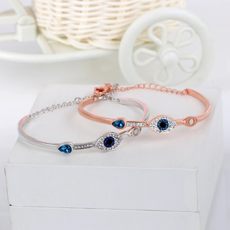 

2018 Luxury 925 Sterling Silver Bracelets Crystal Charms Bracelet Blue Lucky Eye Beads Bangle for Women Turkey Jewelry Gift
