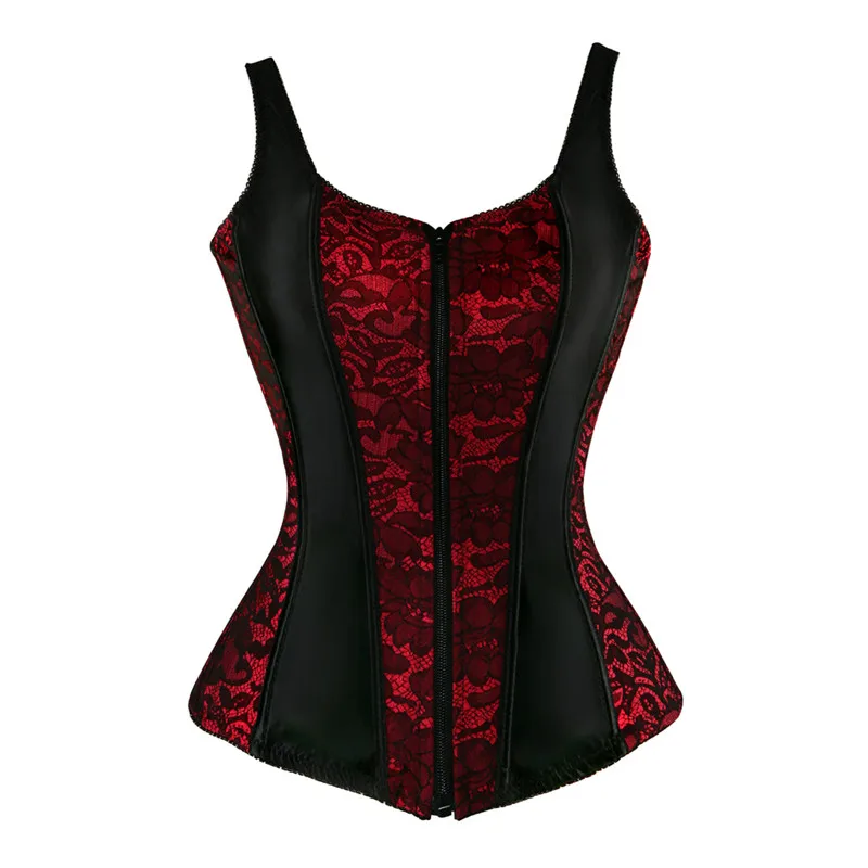 

Women Lace Up Overbust Corset Vest with Straps Flower Print Zipper Front Brocade Gothic Halter Corsets Bustiers Sexy Tops
