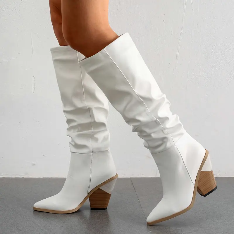 Белый коричневый, черный Искусственная кожа ковбойские сапоги до колена сапоги для Для женщин Туфли-танкетки; на высоком каблуке Острый носок сапоги высотой выше колена западные женские ковбойские ботинки