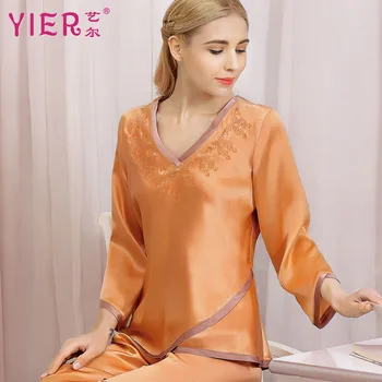 

Brand Autumn 100% Silk Best Women's 2 Piece Pajamas Set Pure Color Sexy Ladies Pyjamas Sets Silk Cloth Sleepwear Pjs For Women