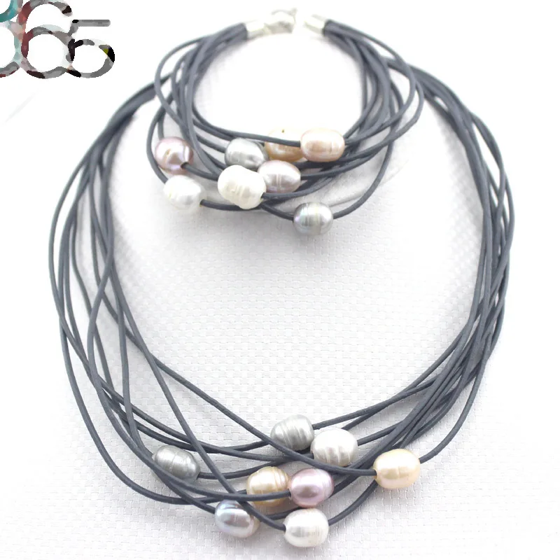 10-12mm Freshwater Pearl 5-Strand Leather Cord Jewelry Necklace Bracelet Set 