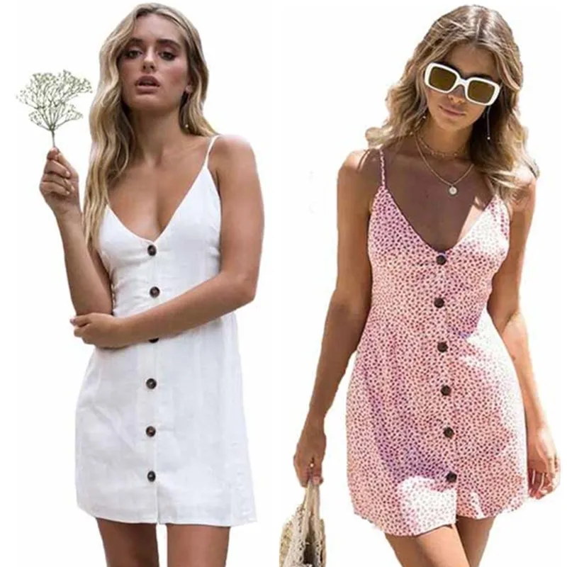 

Women Dress Summer Solid Color Dress Single Button Sexy Striped Spaghetti Strap V-Neck Ladies Casual Yellow Dresses 2018 New