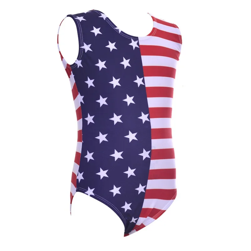 

US Flag Print Pattern Girls Gymnastics Leotard Red White Blue American Flag Sparkle Spliced Athletic Dance Bodysuit