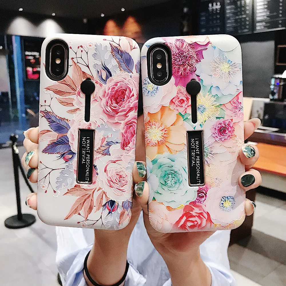 

For iPhone Xr 11 Pro X Xs Max Cass Fashion Flower Finger Loop Ring Strap Cover For iPhone 8 6 6s 7 Plus Flamigo Hide Stand Case