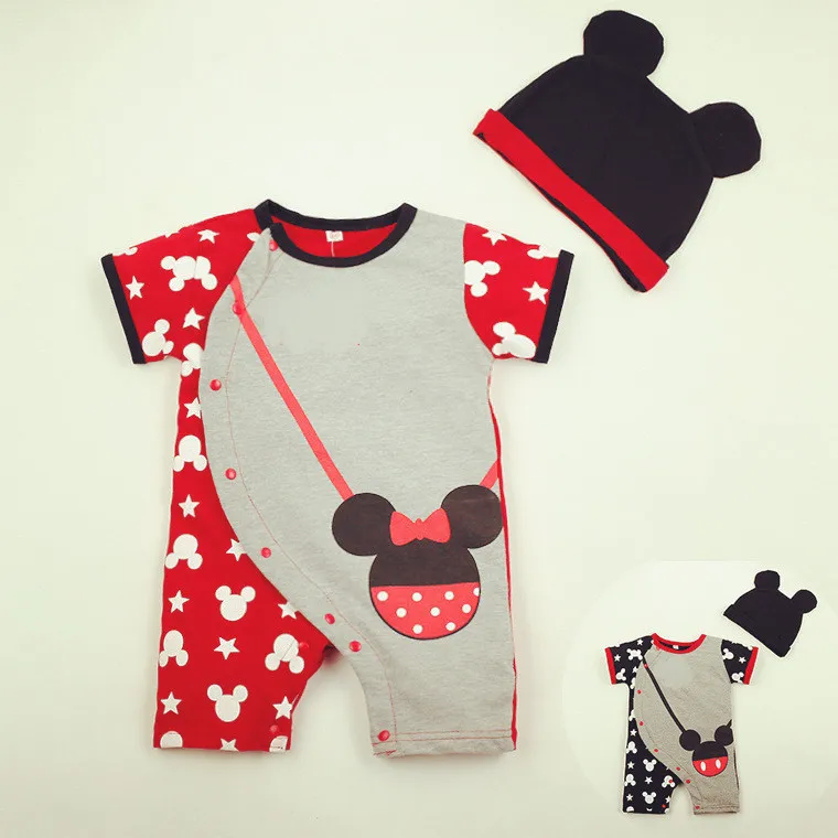 

2018 Real Mickey And Minnie Cartoon Baby Rompers Boy Girls 100% Cotton With Hat Short Sleeve Two Pieces Sets Climb Clothes 0-2y