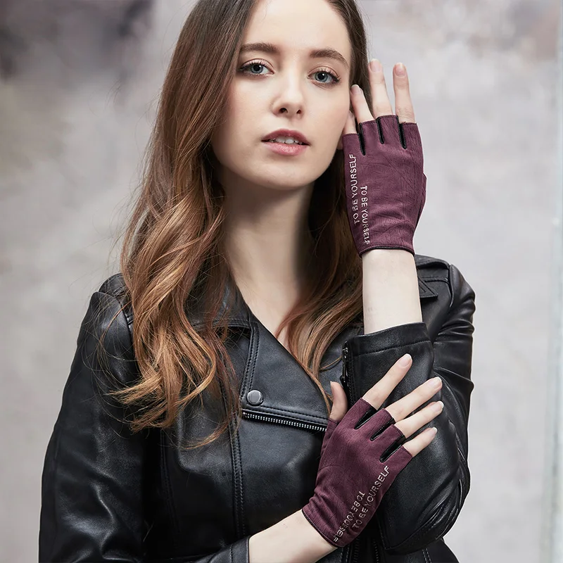 New Semi-Finger Gloves Female Thin Summer Simple Patchwork Letter Embroidery Locomotive Genuine Leather Sheepskin Gloves G007