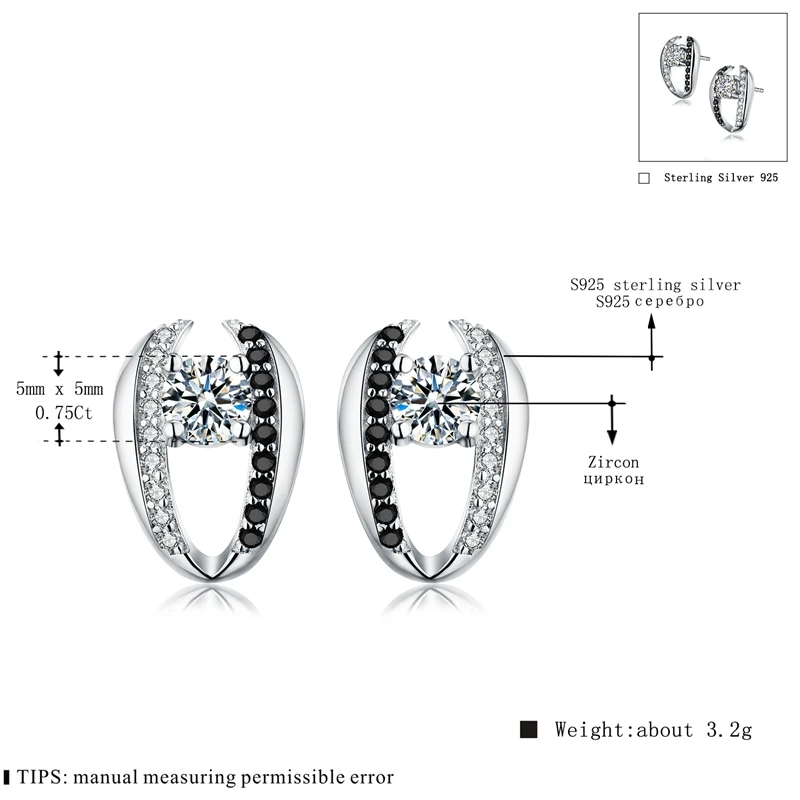Повседневные настоящие 3,2 г 925 пробы серебряные ювелирные изделия с черным и белым камнем юбилейные серьги-гвоздики для женщин T072