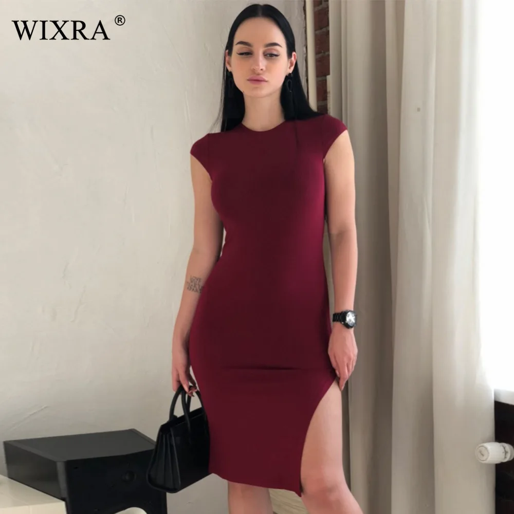 WIXRA, базовое женское платье с круглым вырезом, с разрезом по бокам, растягивается, в рубчик, вязаное платье, однотонные, короткие, вечерние, облегающие, облегающие, миди, повседневные платья
