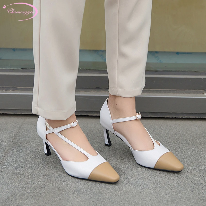 

Japanese party style natural leather summer sandals matching color belt buckle green white brown high heel stiletto women shoes