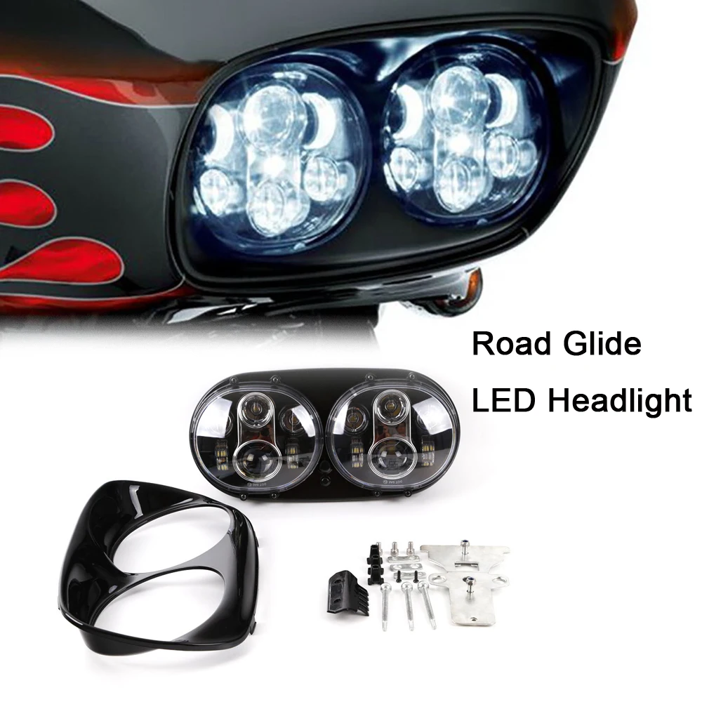 WHDZ Black Chrome Double Headlight H4 Led Motorcycle Headlamp For Harley Road Glide LED Headlight 2004-2013