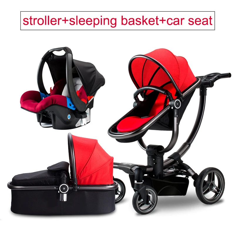 Big Sale  3 In 1 Luxury Leather Baby Stroller Two-way Cart High LandscapeStroller Sitting Trolley Four Wheels 