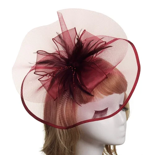 Chapeu Casamento Свадебные шляпы с клипсой перо бисером элегантный головной убор свадебные головные уборы вуалетки и шляпы винно-красный белый - Цвет: Wine Red