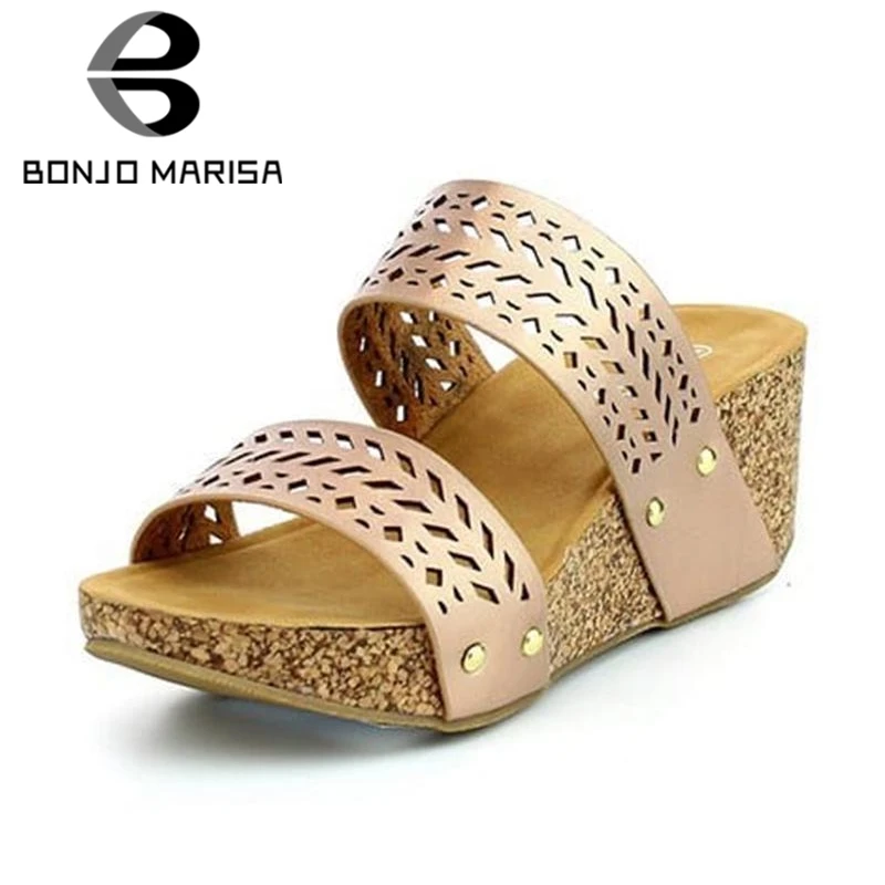 

BONJOMARISA 2019 New Drop Shipping Summer Women Metalic Platform Slippers Large Size 34-43 Women Wedges Shoes Woman Slides