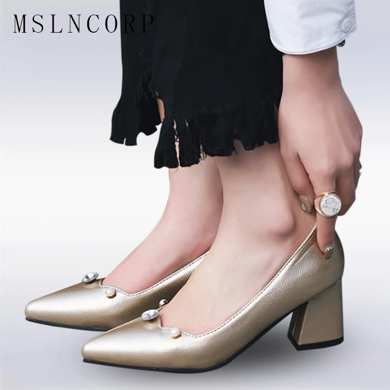 

Plus Size 34-47 Fashion Sexy Lady High Heels Shoes Slip-on Women Pearls Crystal Pointed Toe Thick Heels Party Wedding Dress New
