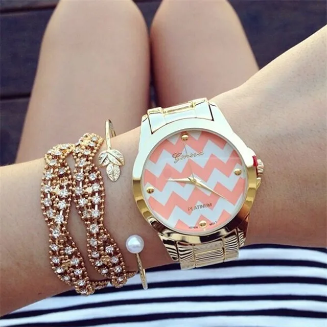 2017 New Gold Silver Stainless Steel Wave Stripe Design Geneva Watch 2017 New Gold Silver Stainless Steel Wave Stripe Design Geneva Watch For Women Quartz Dress Chevron Bracelet In S Watches From