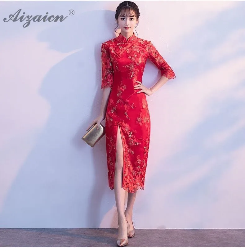 Мода невесты вышивка Cheongsam Красная цена платья Современный оригинальный Femme длинное вечернее Qi Pao китайское свадебное платье халат Ципао