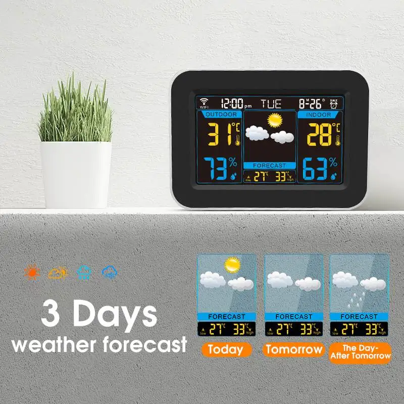 Color WiFi Weather Station Thermometer Hygrometer Snooze Clock Sunrise Sunset LCD Screen Display APP Control Global Language