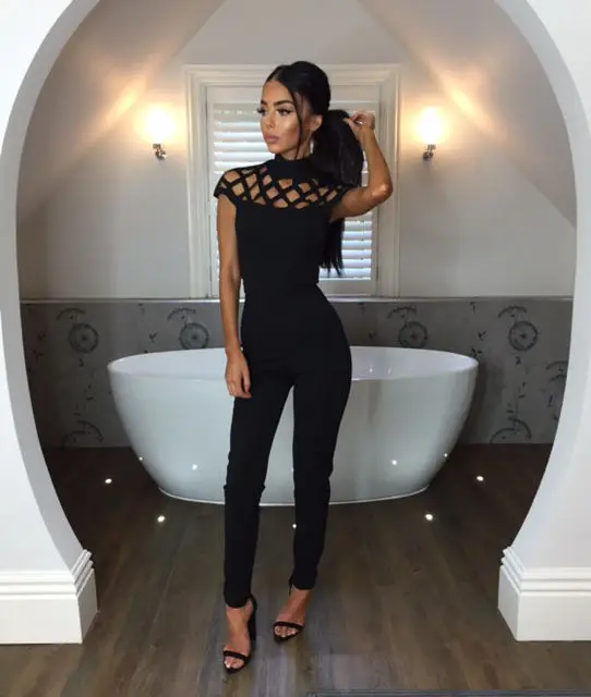 Adogirl Crisscross Hollow Out Bandage Jumpsuit for Women High Neck Short Sleeve Sexy Rompers Club Wear Overalls Clearance Sale - Цвет: black jumpsuit