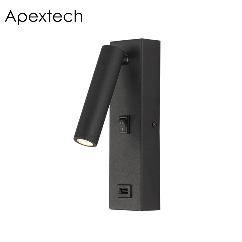 Apextech светодиодный настенный светильник прикроватный USB зарядное устройство лампа для чтения современный стиль с выключателем для спальни отеля