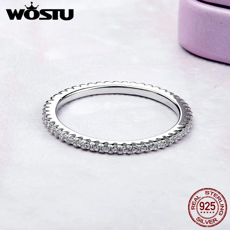 WOSTU Hot Sale 925 Sterling Silver Geometric Round Clear CZ Circle Finger Ring For Women Engagement Jewelry Gift FIR066