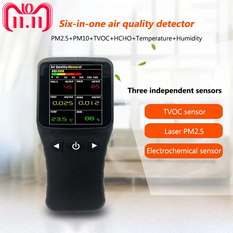 

6 in 1 PM2.5 PM10 HCHO TVOC Detector Thermometer Hygrometer Formaldehyde Multi Gas Analyzer with Temperature Humidity Meter