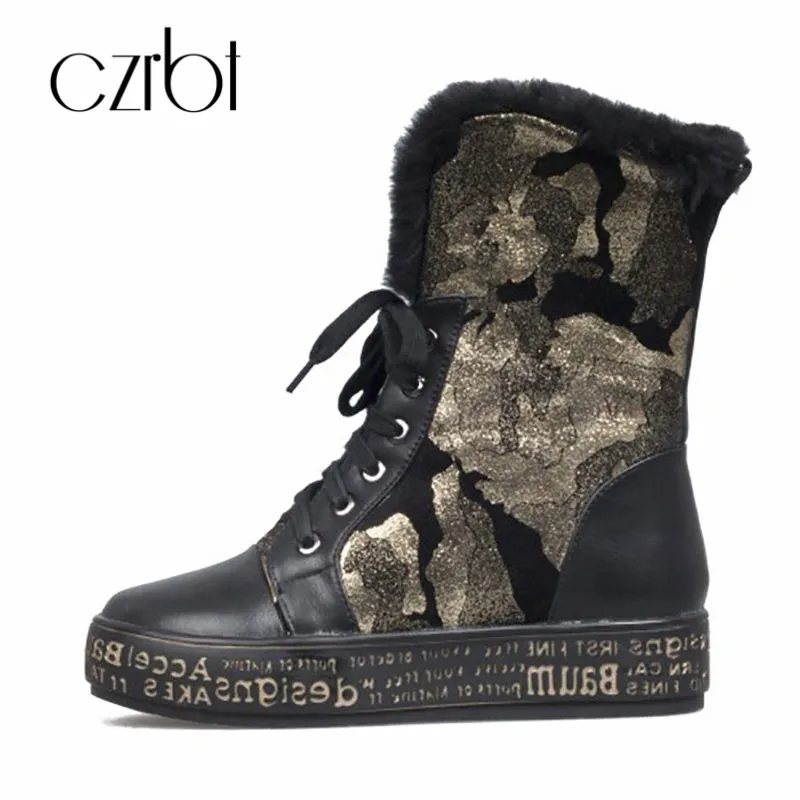 

CZRBT winter women's shoes high-end handmade leather leather warm snow boots casual lace-up slip resistant flat heel ankle shoes
