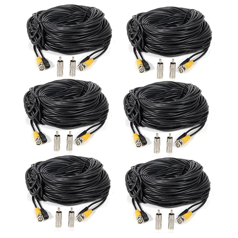 6 Pcs 100 Feet video power cable security camera bnc wire cord for cctv