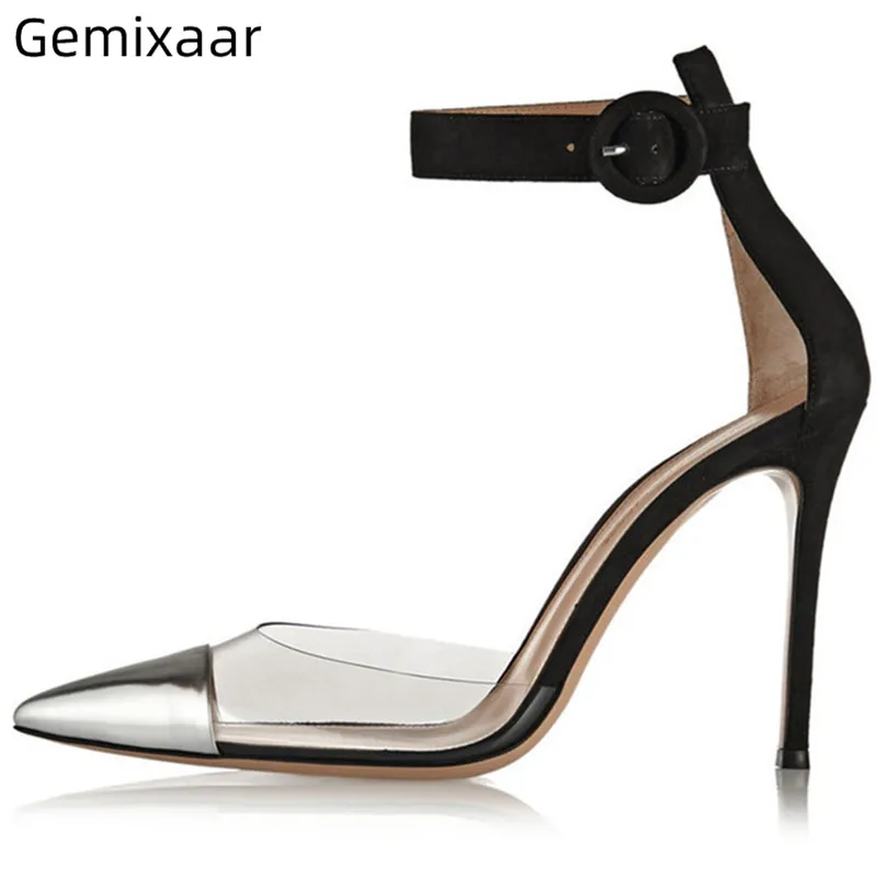 

PU Mix Clear PVC Shoes Woman Pointed Toe Narrow Buckle High Gladiator Heels Sandalias Slim Shallow Multy Colors Woman Sandals
