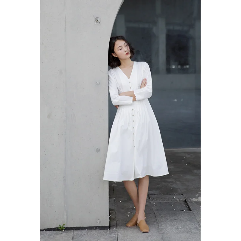 

LYNETTE'S CHINOISERIE Spring Autumn Original Design Women Slim Waist Elegant Vintage White Cotton Dresses