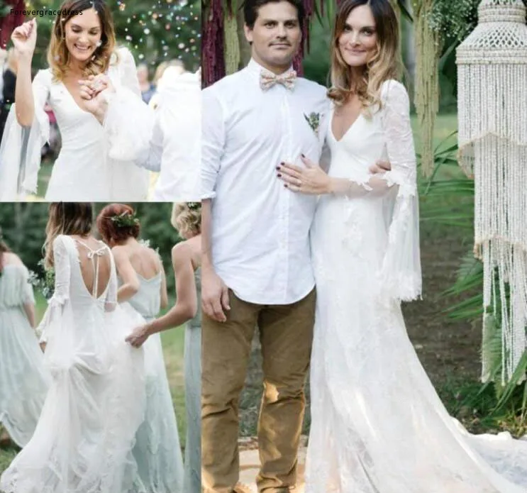 Lace Deep V Neck Beach Boho Wedding Dresses Long Sleeve Open Back vestidos de novia Bohemian Bridal Gown Country Bride Dress BC0492  132 (1)