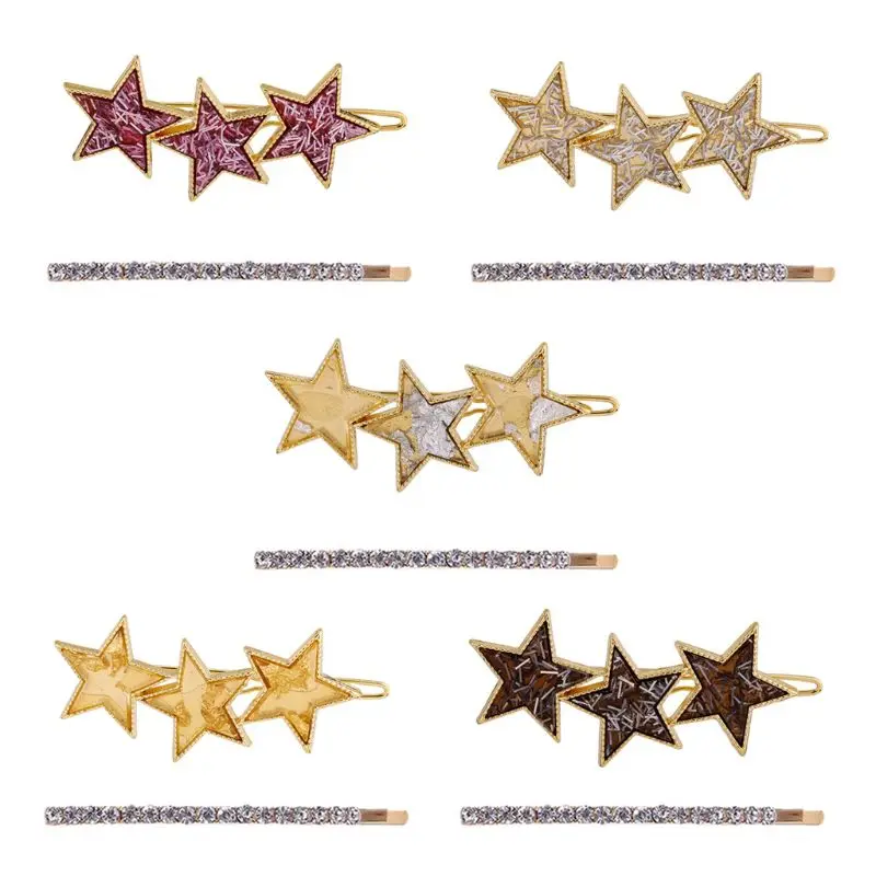

2Pcs/Set Women Girl Sequins Acetate Shimmer Rhinestone Metal Five-Pointed Star Hair Clip One Word Hairpin Styling Hair Accessory