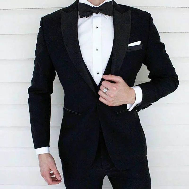 Custom Made Black Men Suits For Wedding Peaked Lapel Groom Tuxedos Bridegroom Wear Man Blazers 2Piece Coat Pants Prom Party business men suits plaid tailor made 3 pieces tuxedo party blazers coat wedding groom groomsman formal prom