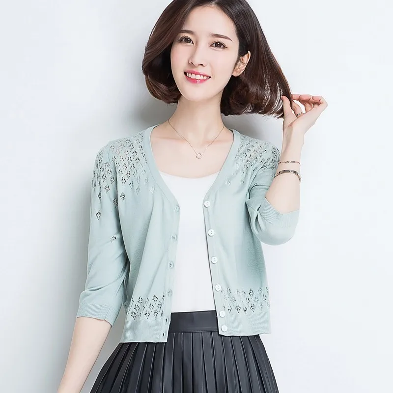Women Thin Knitted Cardigan Coat 2019 Casual V-Neck 3/4 Sleeve Crochet Knit Cardigan Sweater Female Hollow Out Tops Women Thin Knitted Cardigan Coat 2019 Casual V-Neck 3/4 Sleeve Crochet Knit Cardigan Sweater Female Hollow Out Tops