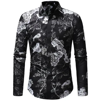 

2019 New Fashion Spring Mens Long Sleeve Beach Hawaiian Shirts Flower Casual Floral Shirts Regular Plus Size 3XL Mens clothing